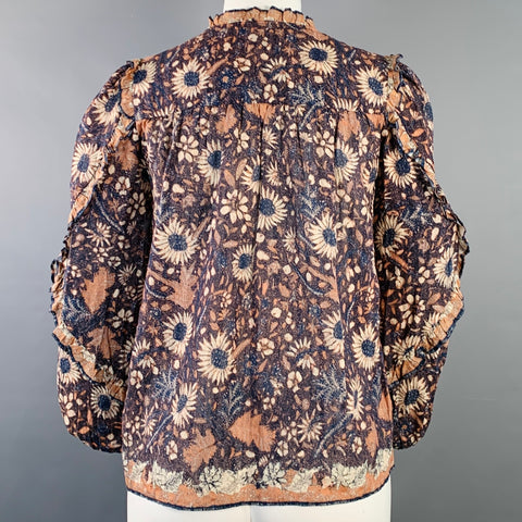 ULLA JOHNSON Size XS Manet Navy Brown Cotton Blend Floral V-Neck Blouse