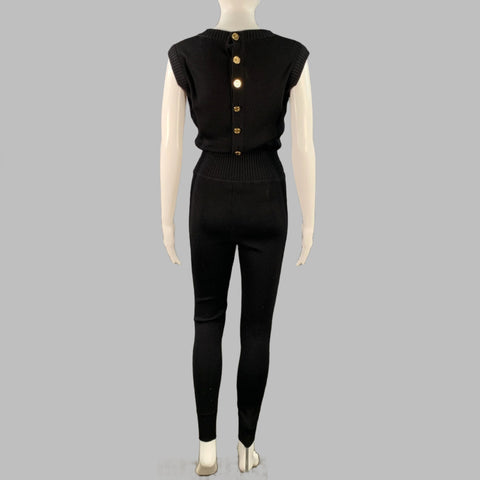 CHANEL Vintage Size M Black Gold Sleeveless CC Buttons V-Neck Jumpsuit