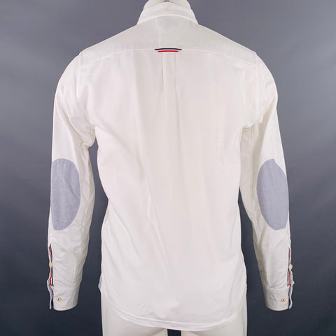 ARMANI JEANS Size S White Light Blue Cotton Elbow Patches Long Sleeve Shirt