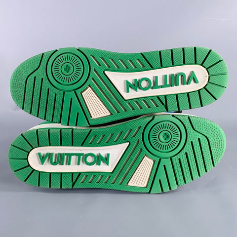 LOUIS VUITTON Size 11.5 LV Trainer Green White Two Toned Leather Sneakers