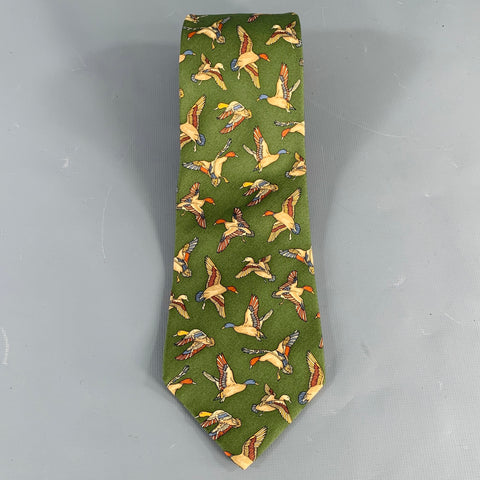 SALVATORE FERRAGAMO Green Multi Color Birds Silk Tie