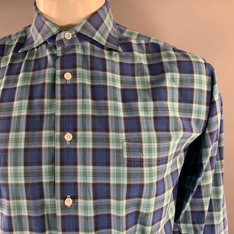 LORENZI Size XL Turquoise Blue Plaid Long Sleeve Shirt