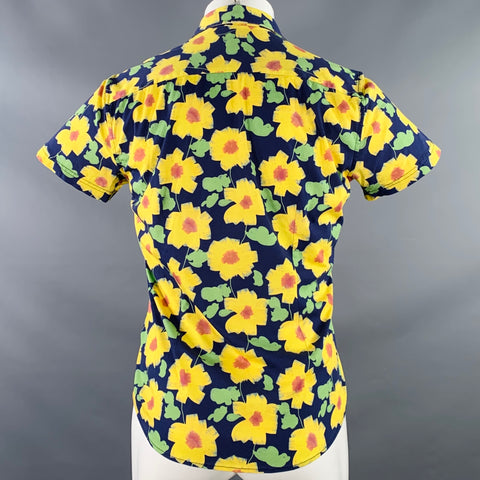 STEELE Size M Navy Yellow Floral Sunflowers Cotton Short Sleeve Shirt