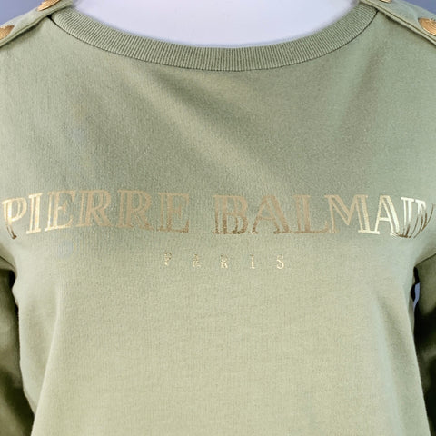 BALMAIN Size L Green Sage Cotton Blend Jersey Logo Crew Neck Pullover