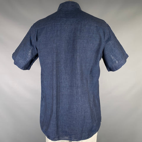 ERMENEGILDO ZEGNA Size L Navy Linen One Pocket Short Sleeve Shirt