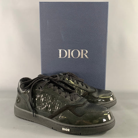 DIOR Size 10.5 Black Logo Patent Leather Low Top Sneakers