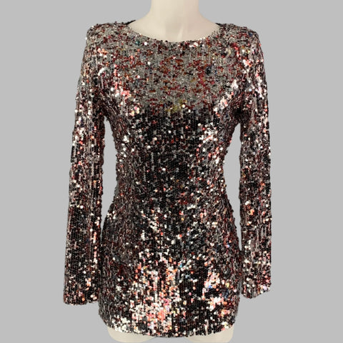 BADGLEY MISCHKA Size M Silver Burgundy Sequined Long Sleeve Mini Dress – Sui Generis Designer Consignment