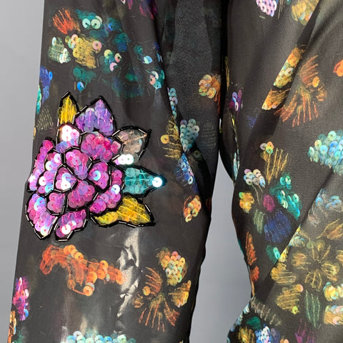 DRIES VAN NOTEN Size XS Black Multi Color Floral Sequined Long Sleeve Shirt