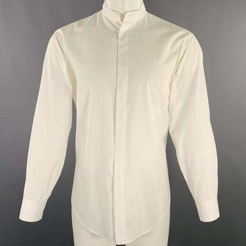 DONNA KARAN Size M White Cotton Collarless Long Sleeve Shirt