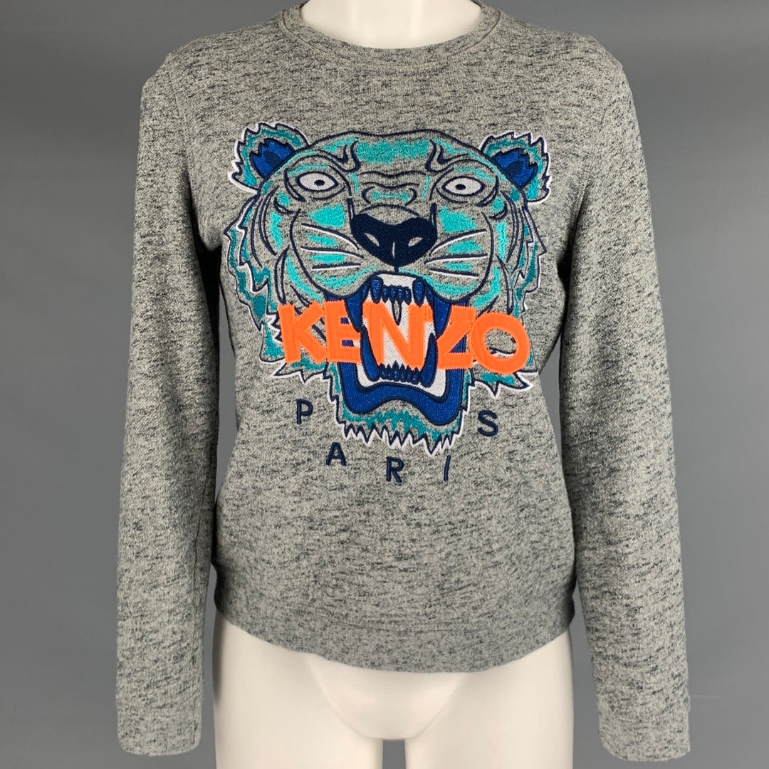 KENZO Size S Grey Blue Tiger Logo Embroidery Crew Neck Sweatshirt