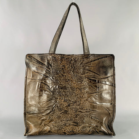 NUMERO 10 Brown Off White Embroidered Leather Tote Handbag