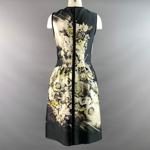 PRADA Size 6 Black Lime Silk Blend Floral Cocktail Dress