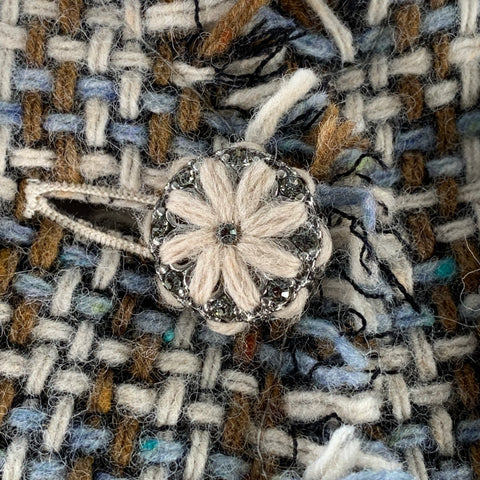 MOSCHINO Size 6 Brown Blue Cream Wool Woven Floral Embellishment Raw Edge Coat