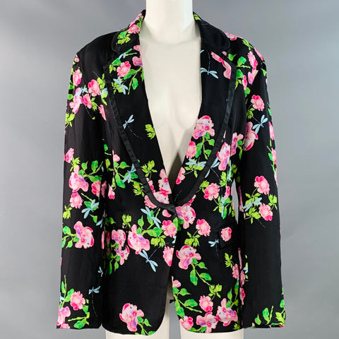 CYNTHIA ROWLEY Size M Black Multi Color Silk Twill Floral Notch Lapel Jacket Blazer