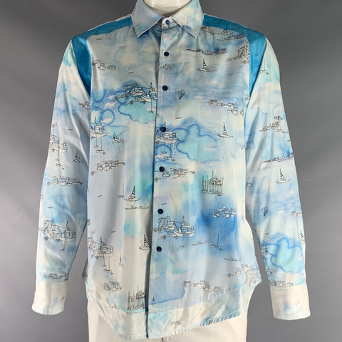 ROBERT GRAHAM Size L White Blue Print Cotton Button Up Long Sleeve Shirt