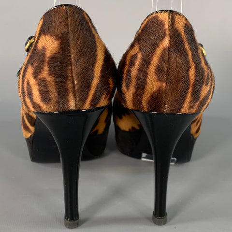 YVES SAINT LAURENT Size 6 Tribute  Brown Black Calf Hair Animal Print Platform Sandals