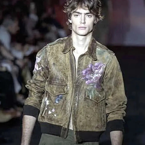 GUCCI by Tom Ford 2003  Size 36 Tan Olive  Multi-Color Hand  Painted Leather Zip Up Jacket