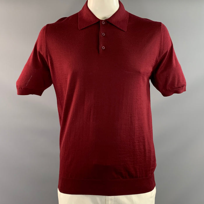 PRADA Size L Burgundy Knitted Wool Buttoned Polo