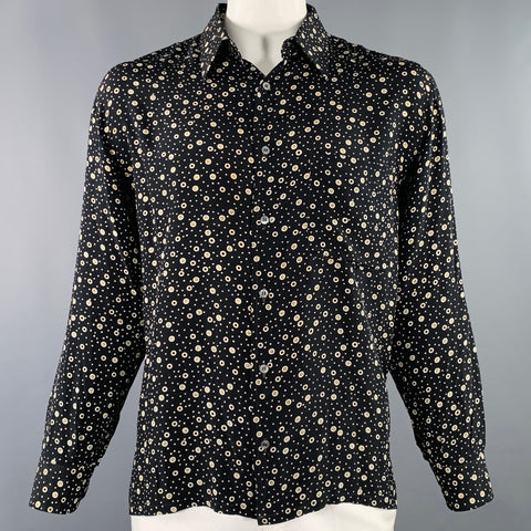 BRIONI Size XL Black Beige Dots Silk Button Up Long Sleeve Shirt