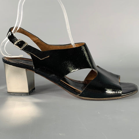 MARNI Size 8 Black Silver Patent Leather Chunky Heel Sandals