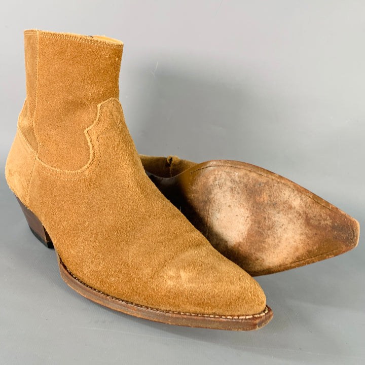 SAINT LAURENT Size 10 Camel Suede Side Zipper Western Cowboy Ankle Boots