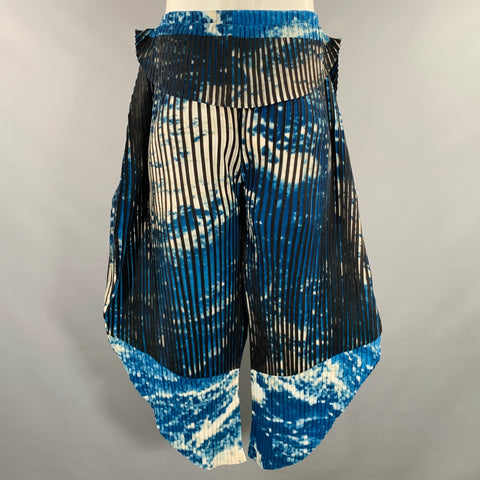 ISSEY MIYAKE Size L Black Blue Pleated Polyester Drop Crotch Wide Leg Casual Pants