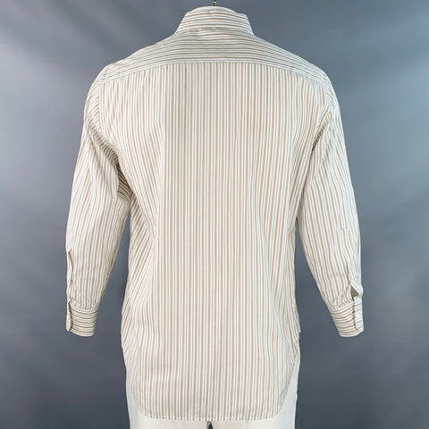 LORO PIANA Size L White Tan Grey Stripe Cotton One Pocket Long Sleeve Shirt
