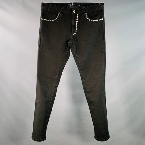 JUST CAVALLI Size 33 Black Silver Studded Cotton Blend Denim Button Fly Jeans