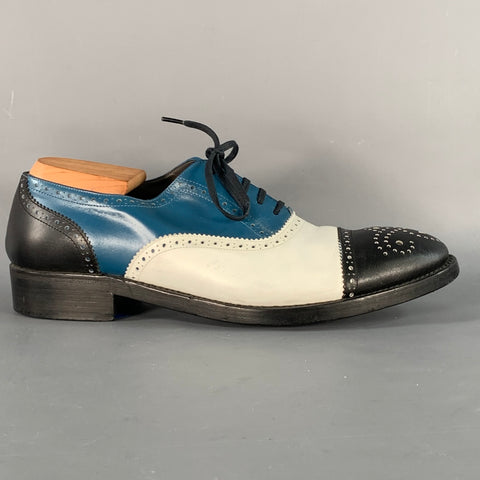 ROBERT CLERGERIE Size 9 Black White Blue Leather Perforated Spectator Lace-Up Shoes