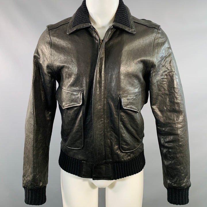 DANIELE ALESSANDRINI Size 40 Black Leather Contrast Trim Jacket