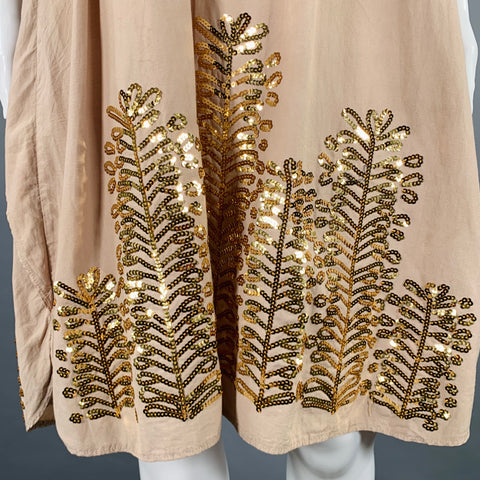 COSMIC WONDER Size S Khaki Beige Silk Cotton Embroidered Oversized Dress