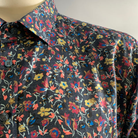 ETRO Size XL Navy Floral Cotton Button Down Long Sleeve Shirt