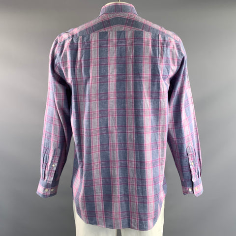 CHARLES TYRWHITT Size L Pink Blue & Purple Plaid Cotton Linen Long Sleeve Shirt