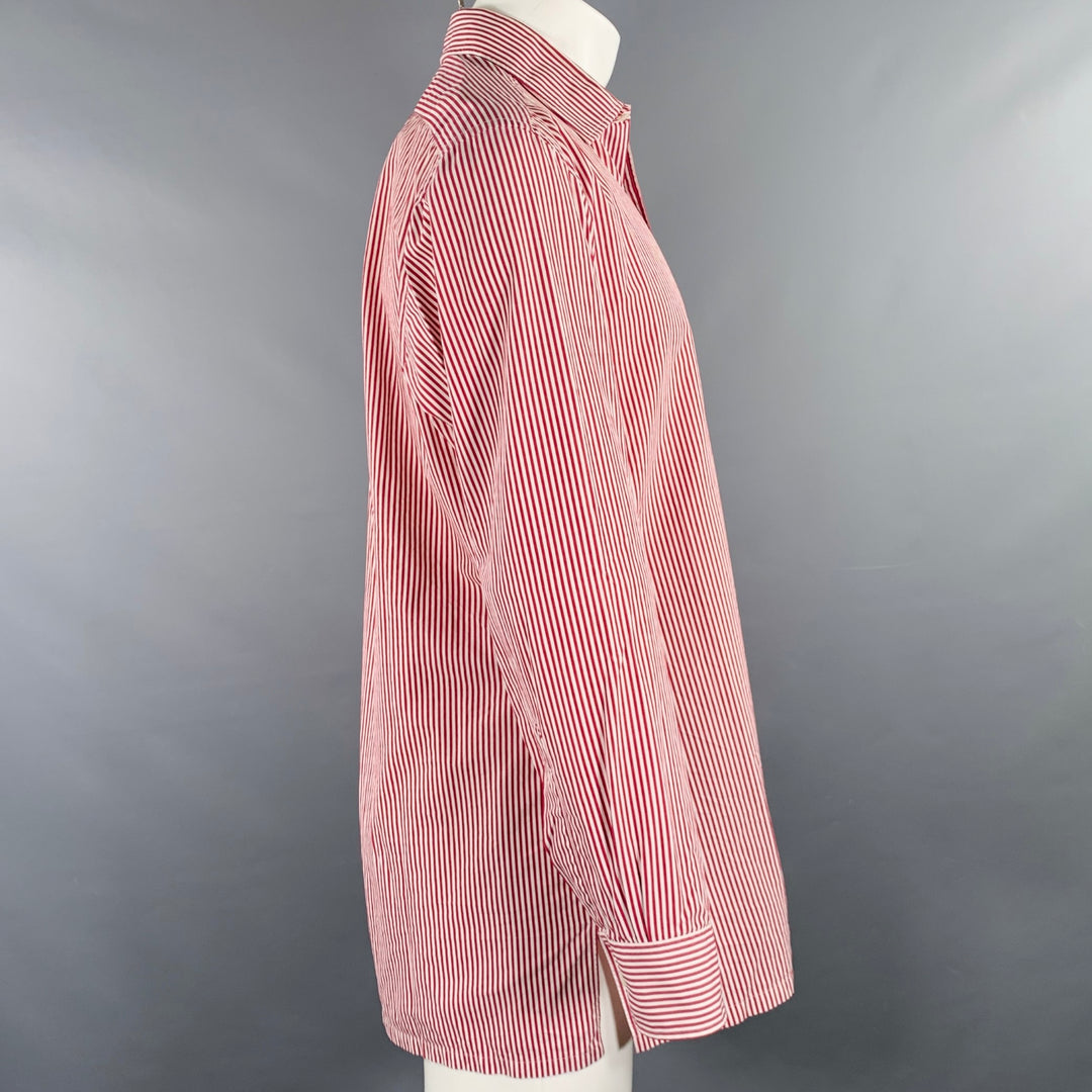 CHARVET Size M Red White Stripe Cotton Spread Collar Long Sleeve Shirt