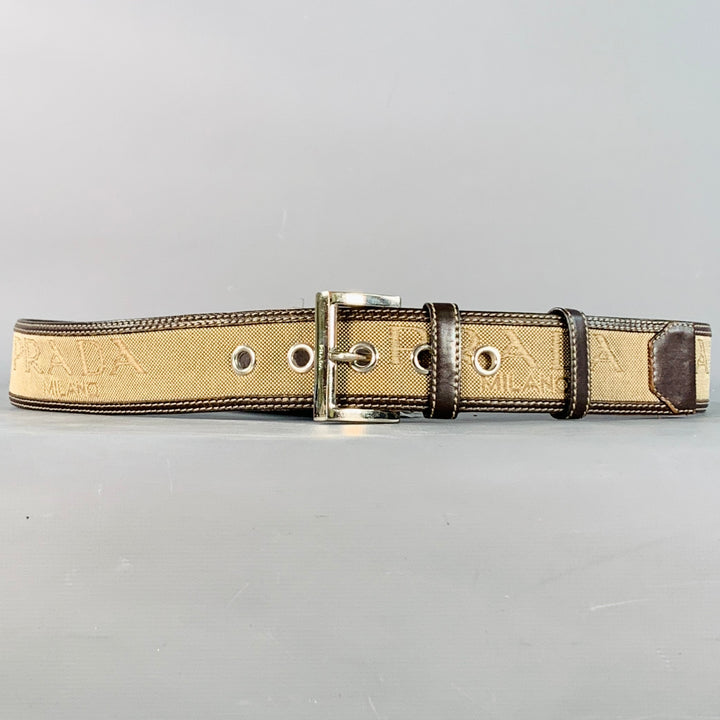 PRADA Size 38 Tan Brown Logo Canvas Leather Belt
