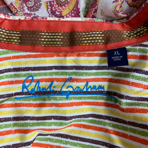 ROBERT GRAHAM Size XL Orange Multi Color Print Cotton Long Sleeve Shirt