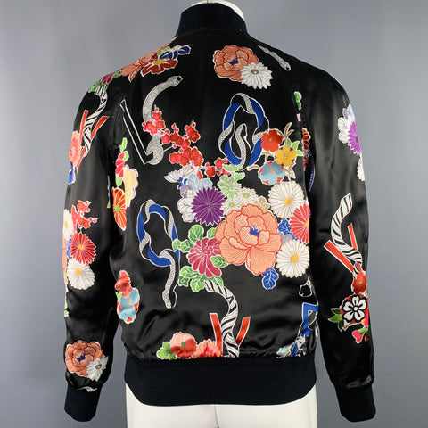 SAINT LAURENT Size 40 Black Multi Color Floral Viscose Varsity Jacket