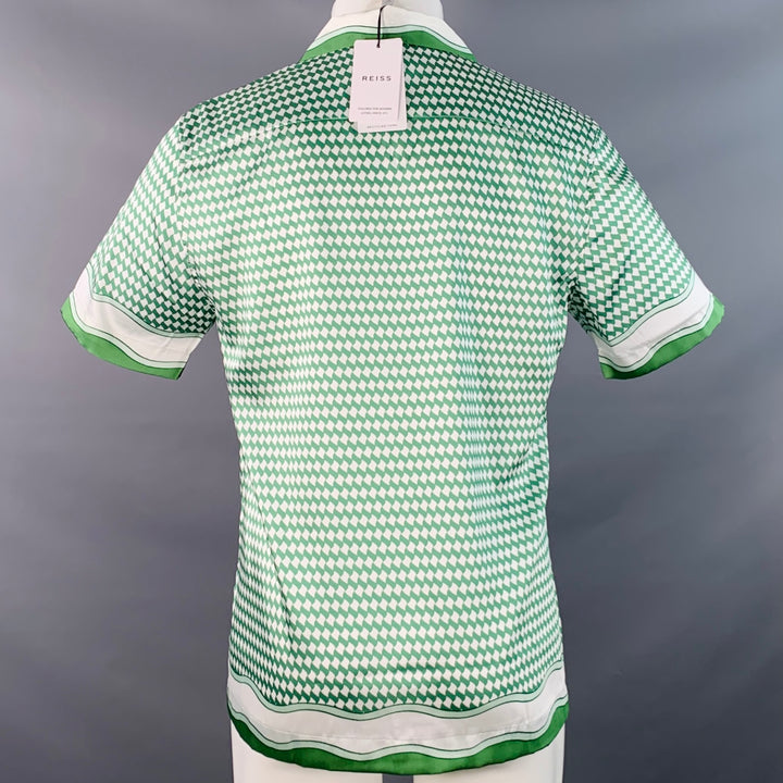 REISS Size M Vanpelt Green Ivory Geometric Polyester Regular Fit Camp Short Sleeve Shirt