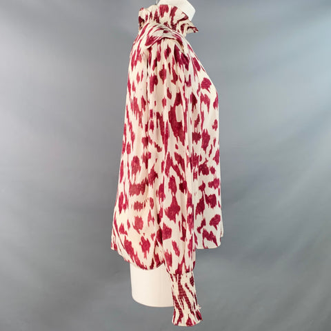 ISABEL MARANT Size M Yoshi White Raspberry Silk Animal Print Ruffle Blouse
