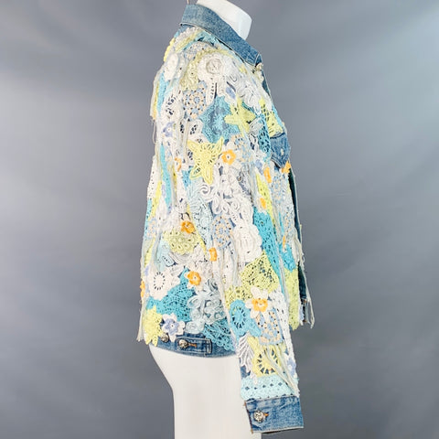 EARTHLING VIP Size M Poetic Lust Blue White Yellow Crochet Lace Cotton Trucker Jacket