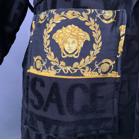 VERSACE Size XL Black Gold Textured Cotton Shawl Collar Robe