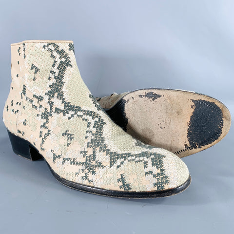 MAISON MARTIN MARGIELA Size 12 Beige Green Embroidery Side Zipper Boots