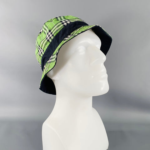 BURBERRY Green Navy Plaid Canvas Reversible Bucket Hat
