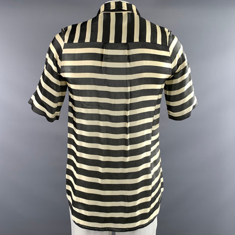 EX FINITAS Size XS Cream Black Stripe Viscose Pointed Collar Short Sleeve Shirt