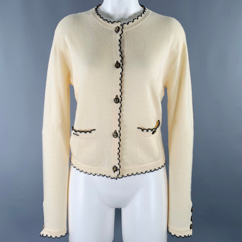 CHANEL Size M Cream Black Contrast Scallop Trim Cardigan
