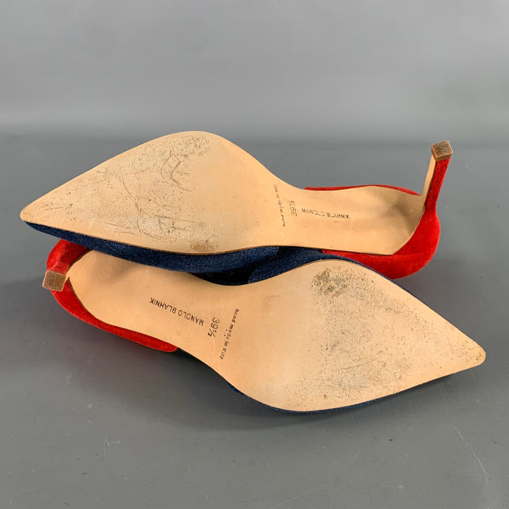 MANOLO BLAHNIK Size 9.5 Blue Red Suede Two Tone Suede Pointed Toe Pumps