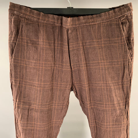 BARENA Size 42 Brown Black Plaid Linen Cotton Drawstring Casual Pants