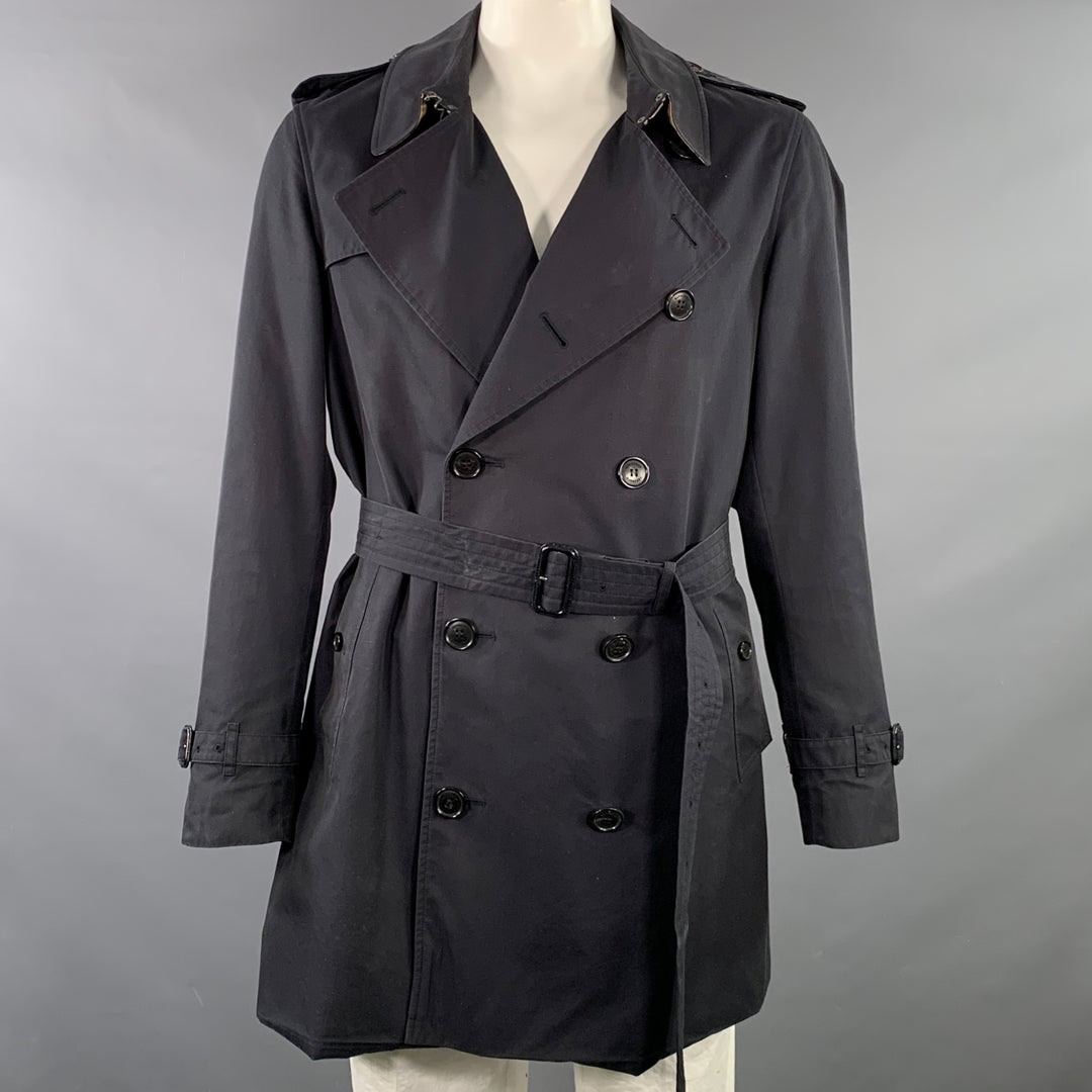 BURBERRY LONDON Size 44 Black Cotton Double Breasted Belted Trenchcoat