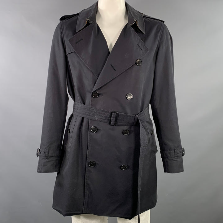 BURBERRY LONDON Size 44 Black Cotton Double Breasted Belted Trenchcoat