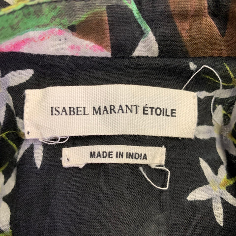 ISABEL MARANT Size 2 Black Multi Color Cotton Floral Long Placket Casual Top